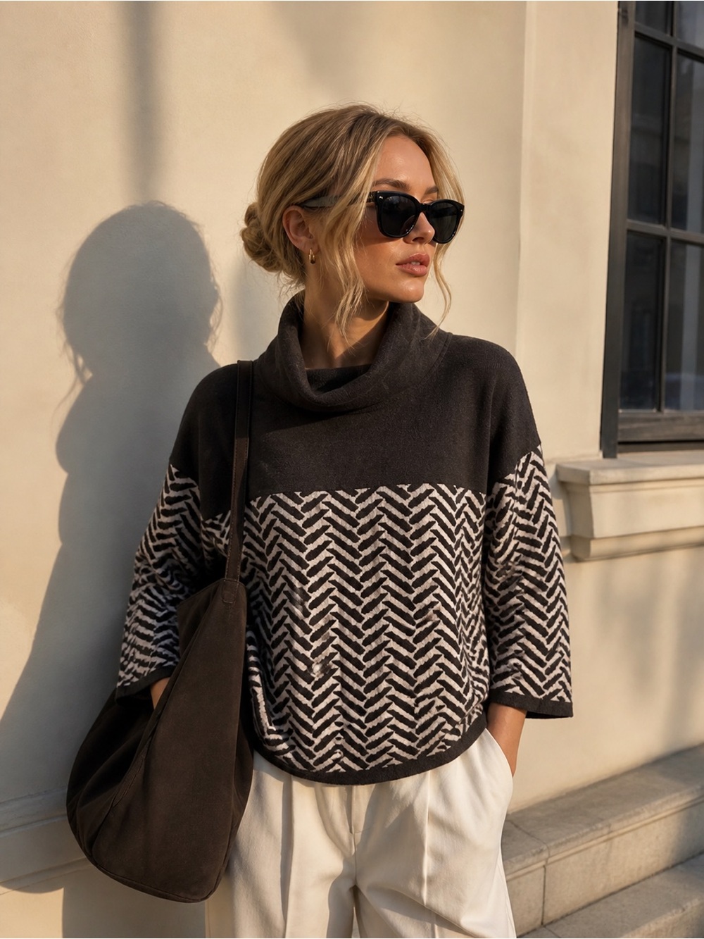 Marble Cotton Cowl-Neck Sweater | Small | Cool Minimal Geometric Work-to-Evening